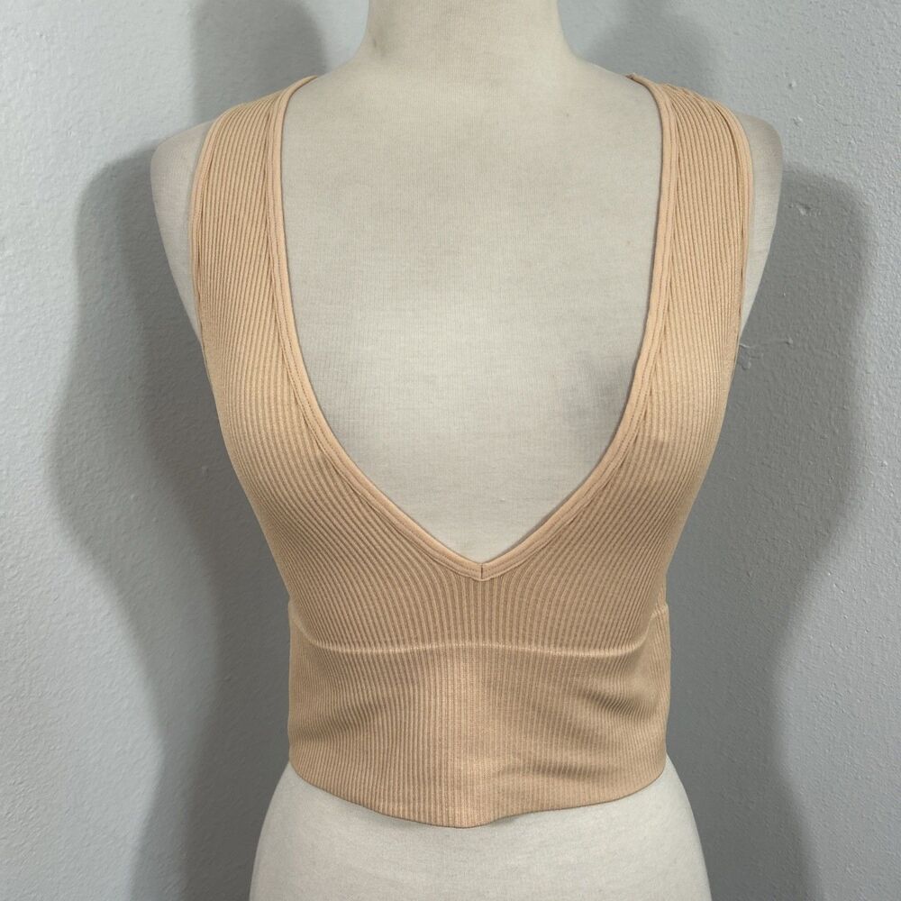 Priceless Crop‎ Tank Top Womens M Beige Deep V Sleeveless Ribbed Y2K